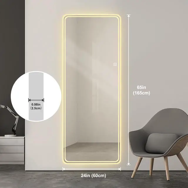 Alt view image 7 of 7 - 65"x24" Full Length Floor Mirror LED Whole Body Mirror, Wall Mounted Hanging Mirror with Lights, Makeup Vanity Mirror, Bedroom Full Size Body Mirror with Dimming & 3 Color Modes