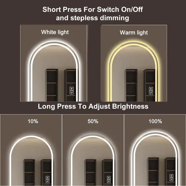 Alt view image 5 of 7 - 65" x 21" Arch LED Bathroom Mirror - Dimmable Wall Mount Vanity Mirror with Anti-Fog, Shatterproof Glass, Tri-Color Lighting for Makeup Studio & Home Gym