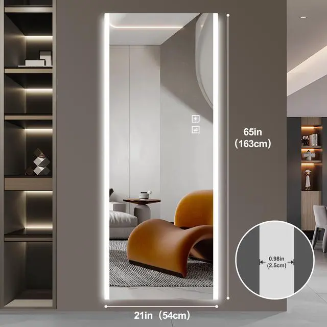 Alt view image 5 of 7 - Modern 65 in. x 21 in. LED Illuminated Wall Mirror with Frosted Edges, 5mm High-Definition Silver Glass and Shatter-Proof Safety Film, 3-Color Dimmable