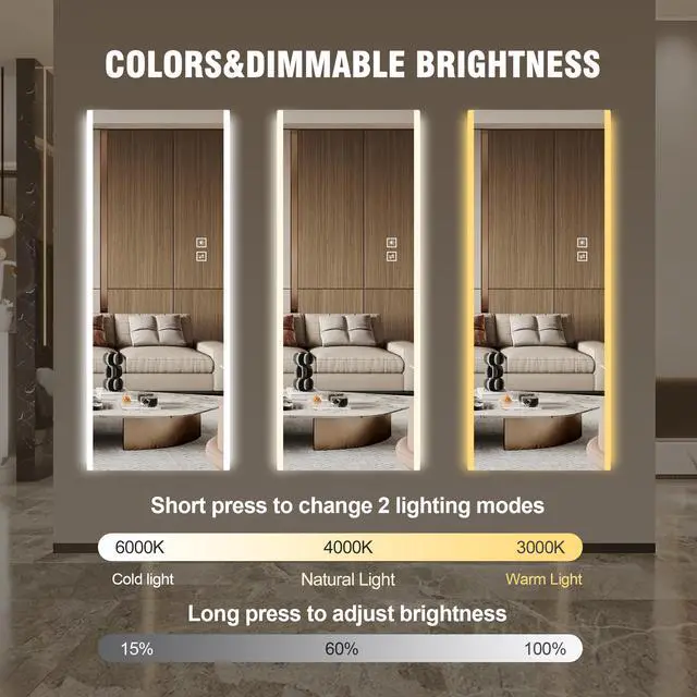 Alt view image 4 of 7 - Modern 65 in. x 21 in. LED Illuminated Wall Mirror with Frosted Edges, 5mm High-Definition Silver Glass and Shatter-Proof Safety Film, 3-Color Dimmable