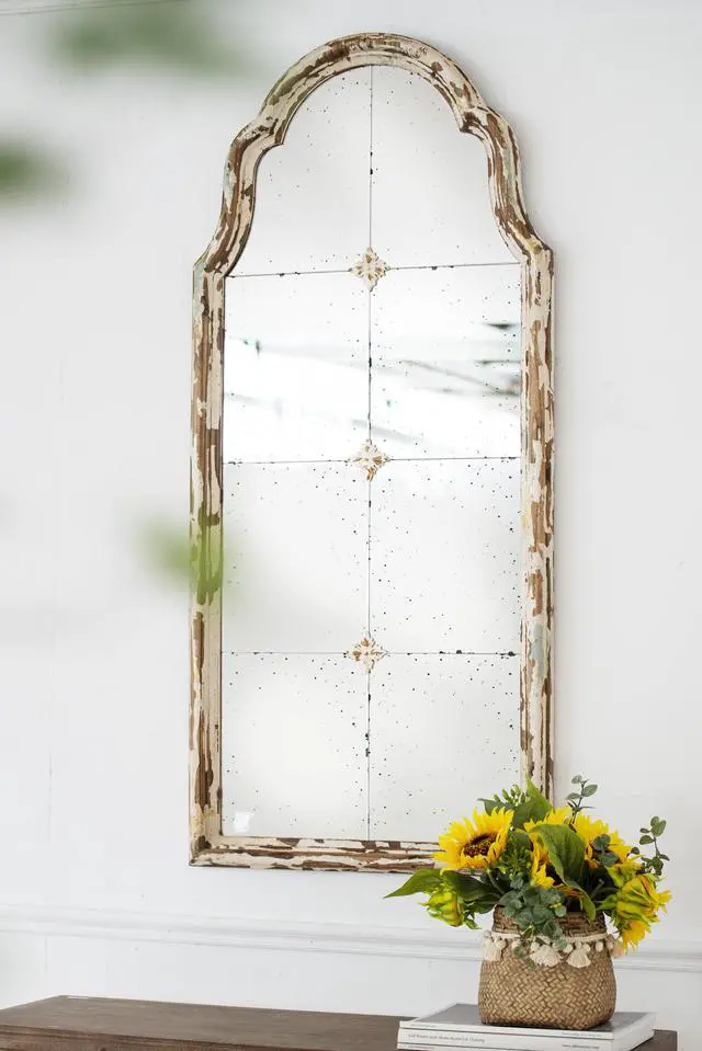 Alt view image 6 of 6 - 22" x 48" Large Cream & Gold Framed Wall Mirror, Wood Arched Mirror with Decorative Window Look for Living Room, Bathroom, Entryway