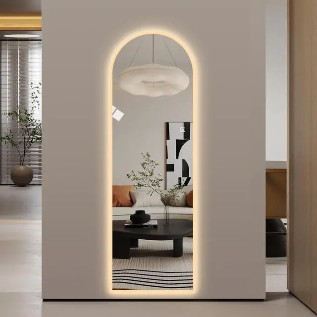 Alt view image 2 of 7 - 65" x 21" LED Full Length Wall Mirror, Symmetrical Arch Design with Frosted Glass Border, Dimmable 3 Color Temperature Lighting, Copper-Free Silver Glass, Hardwired or Plug-In