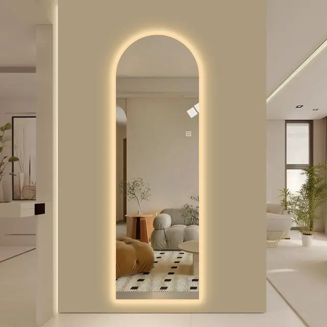Alt view image 7 of 7 - 65" x 21" LED Full Length Wall Mirror, Symmetrical Arch Design with Frosted Glass Border, Dimmable 3 Color Temperature Lighting, Copper-Free Silver Glass, Hardwired or Plug-In