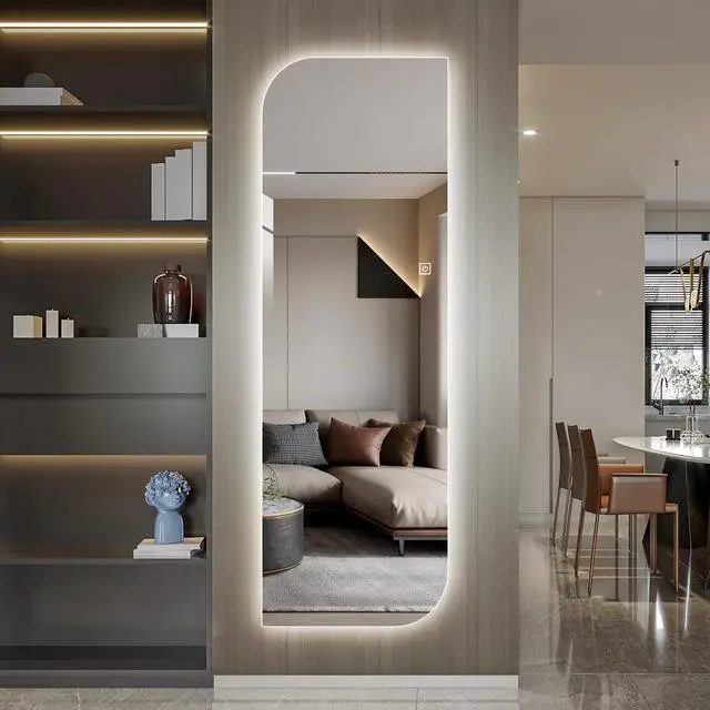 Alt view image 2 of 7 - 65" x 21" LED Full Length Wall Mirror, Irregular Shape Design, 3-Color Dimmable Lighting, 5mm Copper-Free Silver Glass, Hardwired or Plug-in, for Entryway, Bedroom & Salon