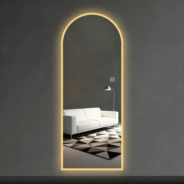 Alt view image 5 of 7 - 65" x 21" LED Full Length Wall Mirror, Symmetrical Arch Design with Frosted Glass Border, Dimmable 3 Color Temperature Lighting, Copper-Free Silver Glass, Hardwired or Plug-In