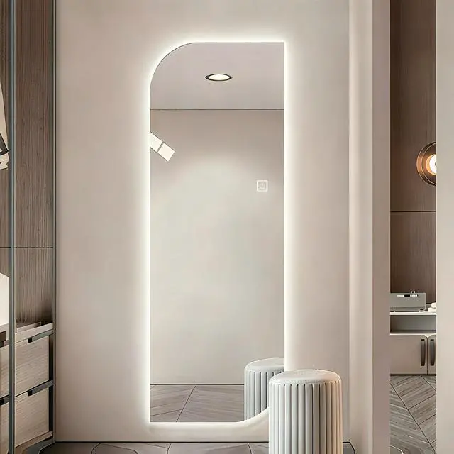 Alt view image 4 of 7 - 65" x 21" LED Full Length Wall Mirror, Irregular Shape Design, 3-Color Dimmable Lighting, 5mm Copper-Free Silver Glass, Hardwired or Plug-in, for Entryway, Bedroom & Salon