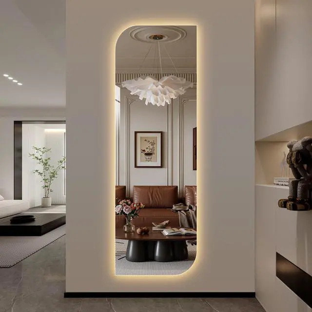 Alt view image 6 of 7 - 65" x 21" LED Full Length Wall Mirror, Irregular Shape Design, 3-Color Dimmable Lighting, 5mm Copper-Free Silver Glass, Hardwired or Plug-in, for Entryway, Bedroom & Salon