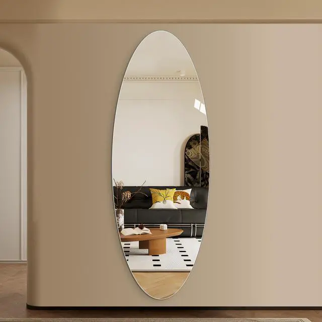 Alt view image 2 of 7 - 63" x 24" Modern Oval Full Length Wall Mirror, HD Copper-Free Silver Glass, Shatterproof & Moisture-Resistant, Vertical Hanging or Adhesive Mount, Bedroom & Salon
