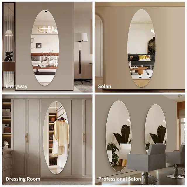 Alt view image 6 of 7 - 63" x 24" Modern Oval Full Length Wall Mirror, HD Copper-Free Silver Glass, Shatterproof & Moisture-Resistant, Vertical Hanging or Adhesive Mount, Bedroom & Salon
