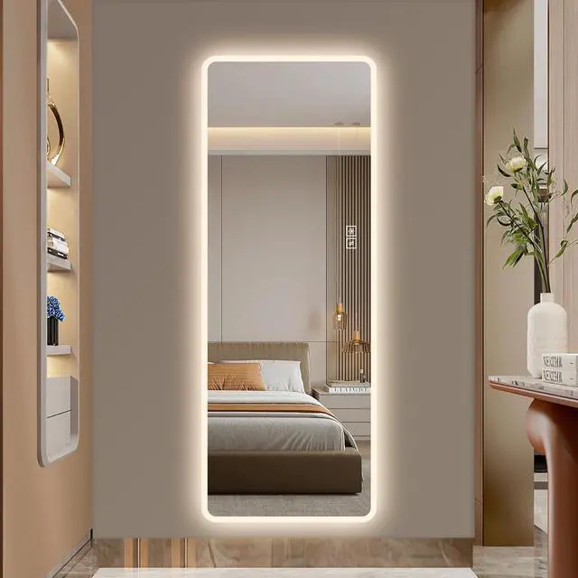 Alt view image 2 of 7 - LED Full Length Mirror with Lights, 63" x 24" Wall Mounted Full Body Mirror, Dimmable & 3 Color Lighting, Anti-Fog, Shatter-Proof, Memory Function, Plug-in or Hardwired, Bedroom