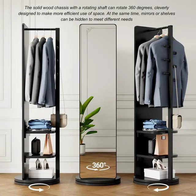 Alt view image 3 of 7 - 360° Rotating 69"x20" Multifunctional Full Length Mirror with Hook Storage Rack Coat Rack with Mirror Solid Wood Floor Mirror Bedroom Living Room Cloakroom Space Saving (black)