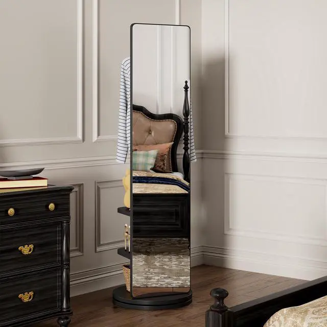 Alt view image 2 of 7 - 360° Rotating 69"x20" Multifunctional Full Length Mirror with Hook Storage Rack Coat Rack with Mirror Solid Wood Floor Mirror Bedroom Living Room Cloakroom Space Saving (black)