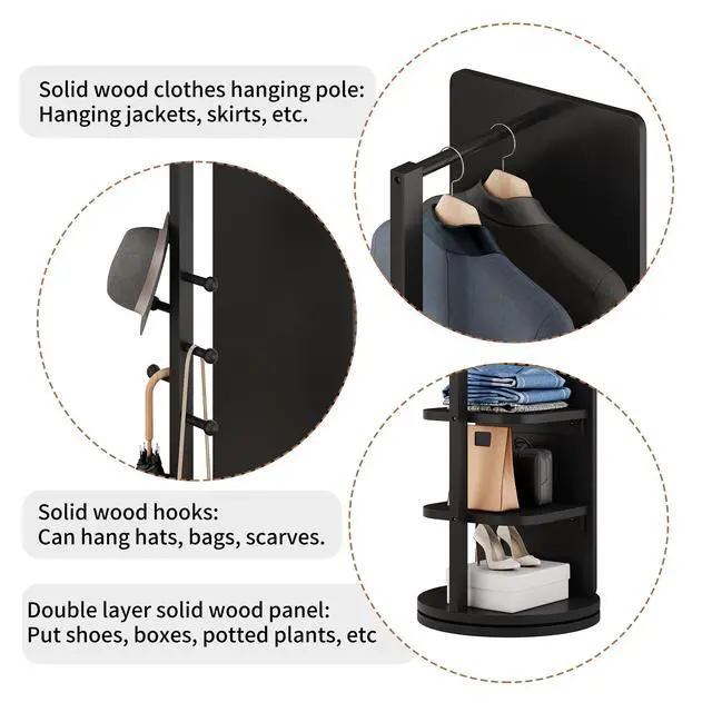 Alt view image 7 of 7 - 360° Rotating 69"x20" Multifunctional Full Length Mirror with Hook Storage Rack Coat Rack with Mirror Solid Wood Floor Mirror Bedroom Living Room Cloakroom Space Saving (black)