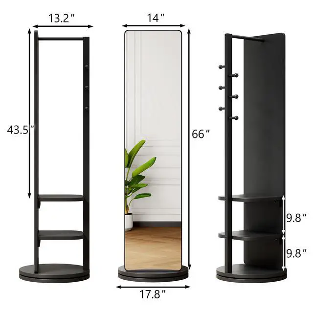 Alt view image 4 of 7 - 360° Rotating 66"x17.8" Multifunctional Full Length Mirror with Hook Storage Rack Coat Rack with Mirror Solid Wood Floor Mirror Bedroom Living Room Cloakroom Space Saving(black)