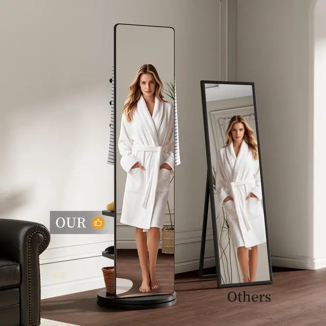 Alt view image 6 of 7 - 360° Rotating 69"x20" Multifunctional Full Length Mirror with Hook Storage Rack Coat Rack with Mirror Solid Wood Floor Mirror Bedroom Living Room Cloakroom Space Saving (black)