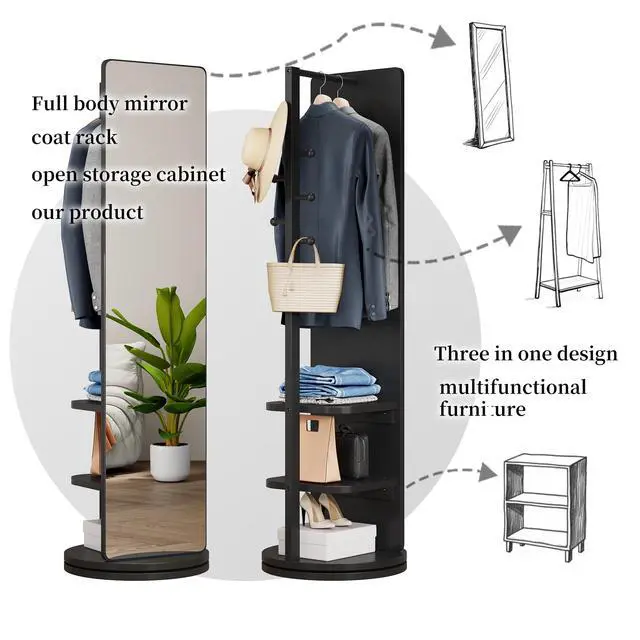 Alt view image 5 of 7 - 360° Rotating 69"x20" Multifunctional Full Length Mirror with Hook Storage Rack Coat Rack with Mirror Solid Wood Floor Mirror Bedroom Living Room Cloakroom Space Saving (black)