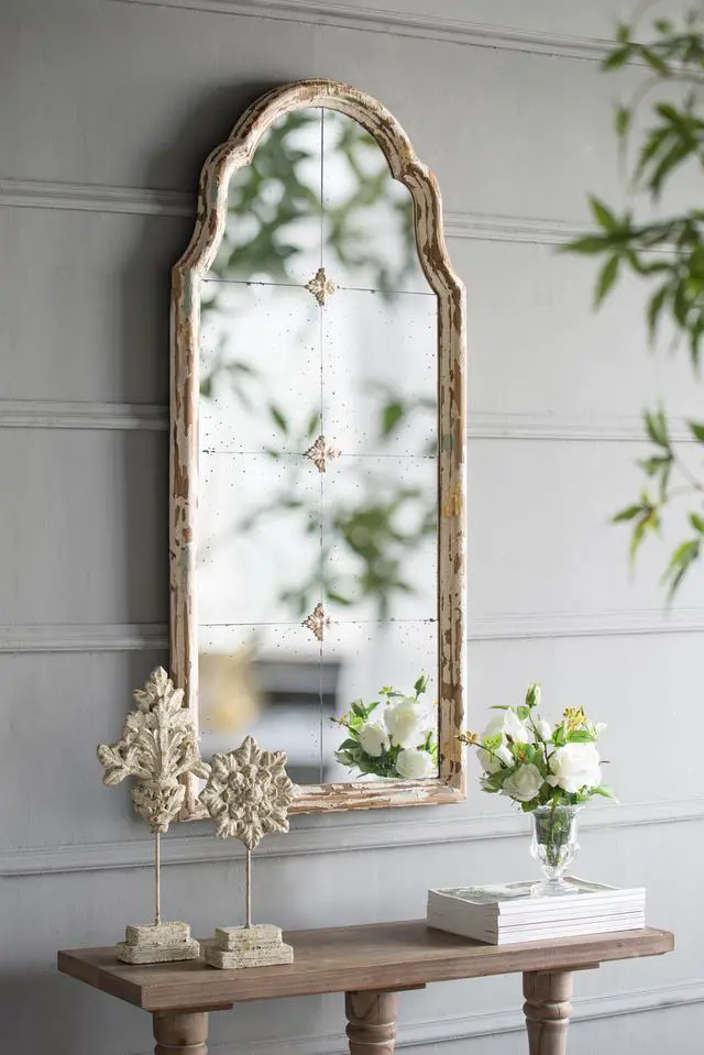 Alt view image 4 of 6 - 22" x 48" Large Cream & Gold Framed Wall Mirror, Wood Arched Mirror with Decorative Window Look for Living Room, Bathroom, Entryway