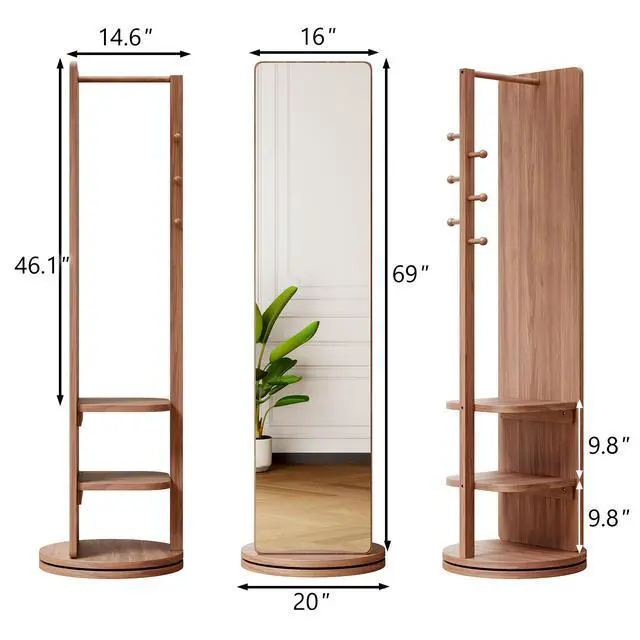 Alt view image 4 of 7 - 360° Rotating 69"x20" Multifunctional Full Length Mirror with Hook Storage Rack Coat Rack with Mirror Solid Wood Floor Mirror Bedroom Living Room Cloakroom Space Saving (walnut)