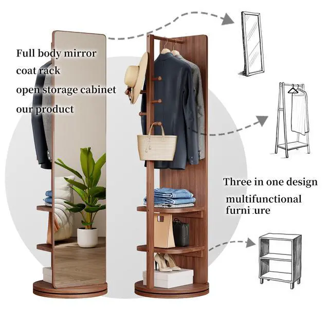 Alt view image 5 of 7 - 360° Rotating 69"x20" Multifunctional Full Length Mirror with Hook Storage Rack Coat Rack with Mirror Solid Wood Floor Mirror Bedroom Living Room Cloakroom Space Saving (walnut)