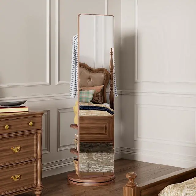 Alt view image 2 of 7 - 360° Rotating 69"x20" Multifunctional Full Length Mirror with Hook Storage Rack Coat Rack with Mirror Solid Wood Floor Mirror Bedroom Living Room Cloakroom Space Saving (walnut)