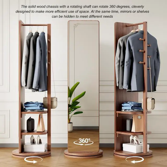 Alt view image 3 of 7 - 360° Rotating 69"x20" Multifunctional Full Length Mirror with Hook Storage Rack Coat Rack with Mirror Solid Wood Floor Mirror Bedroom Living Room Cloakroom Space Saving (walnut)