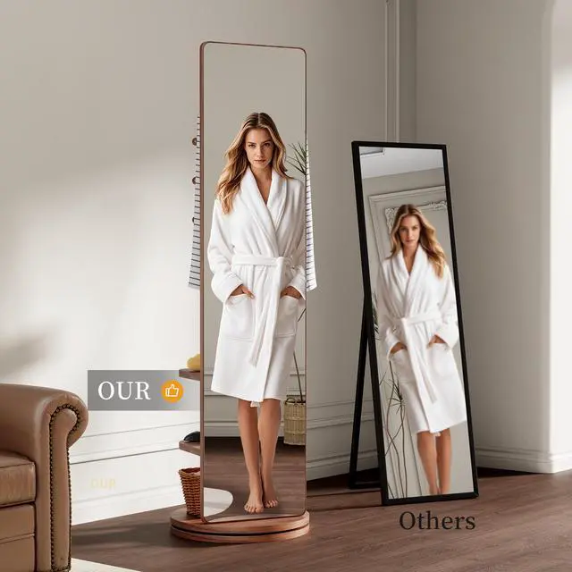 Alt view image 6 of 7 - 360° Rotating 69"x20" Multifunctional Full Length Mirror with Hook Storage Rack Coat Rack with Mirror Solid Wood Floor Mirror Bedroom Living Room Cloakroom Space Saving (walnut)