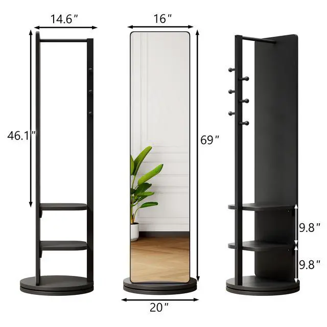 Alt view image 4 of 7 - 360° Rotating 69"x20" Multifunctional Full Length Mirror with Hook Storage Rack Coat Rack with Mirror Solid Wood Floor Mirror Bedroom Living Room Cloakroom Space Saving (black)