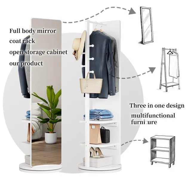Alt view image 4 of 6 - 360° Rotating 66"x17.8" Multifunctional Full Length Mirror with Hook Storage Rack Coat Rack with Mirror Solid Wood Floor Mirror Bedroom Living Room Cloakroom Space Saving (white)