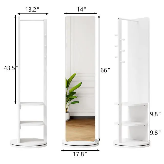 Alt view image 5 of 6 - 360° Rotating 66"x17.8" Multifunctional Full Length Mirror with Hook Storage Rack Coat Rack with Mirror Solid Wood Floor Mirror Bedroom Living Room Cloakroom Space Saving (white)