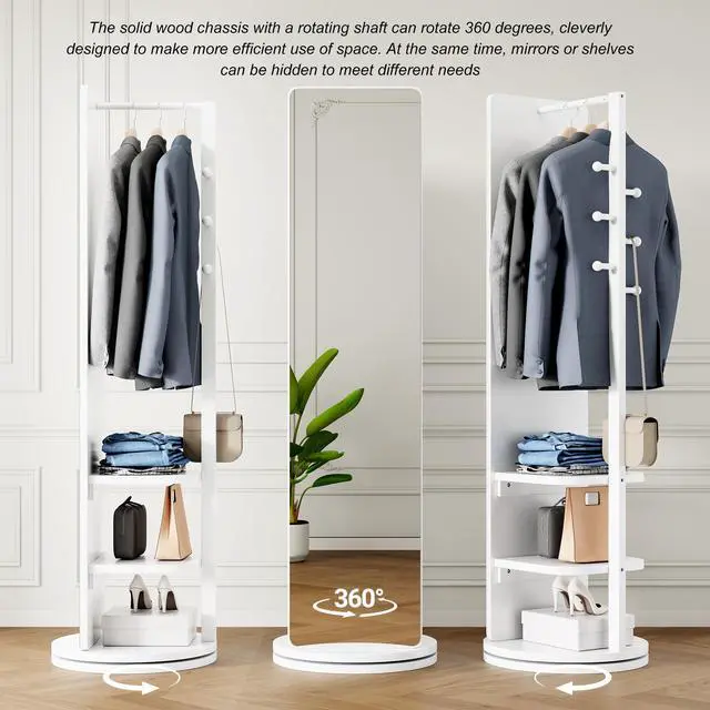 Alt view image 3 of 3 - 360° Rotating 69"x20" Multifunctional Full Length Mirror with Hook Storage Rack Coat Rack with Mirror Solid Wood Floor Mirror Bedroom Living Room Cloakroom Space Saving (white)