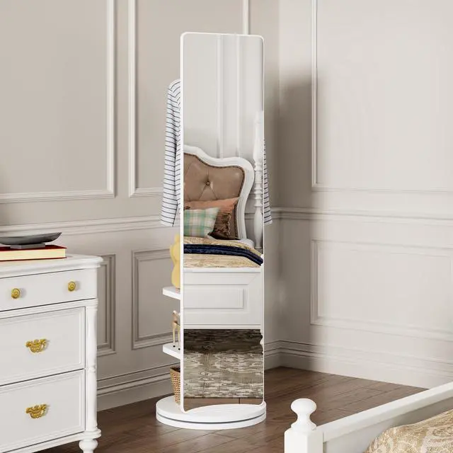 Alt view image 2 of 3 - 360° Rotating 69"x20" Multifunctional Full Length Mirror with Hook Storage Rack Coat Rack with Mirror Solid Wood Floor Mirror Bedroom Living Room Cloakroom Space Saving (white)