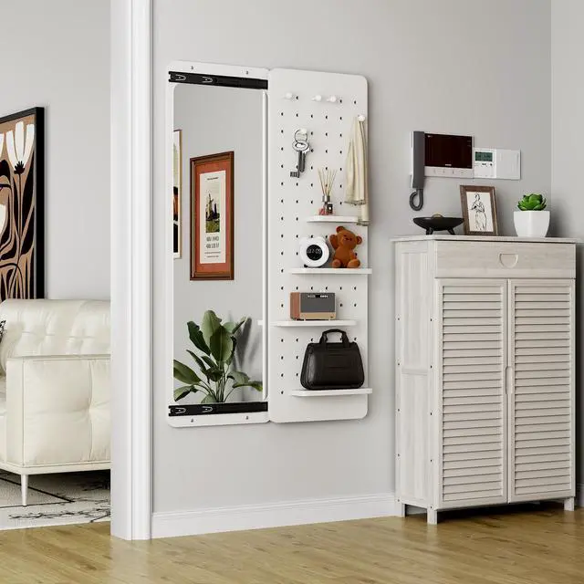 Main image of 47.6 x 15.7 inch multi-functional design panel wall-mounted full-length mirror, space-saving, can be pushed and pulled. Suitable for bedroom/living room/entrance (white)