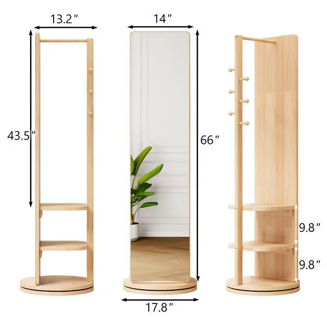 Alt view image 7 of 7 - 360° Rotating 66"x17.8" Multifunctional Full Length Mirror with Hook Storage Rack Coat Rack with Mirror Solid Wood Floor Mirror Bedroom Living Room Cloakroom Space Saving (natural wood)