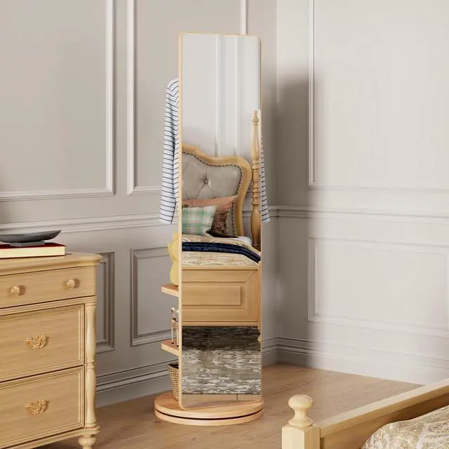 Alt view image 2 of 6 - 360° Rotating 69"x20" Multifunctional Full Length Mirror with Hook Storage Rack Coat Rack with Mirror Solid Wood Floor Mirror Bedroom Living Room Cloakroom Space Saving (natural wood)