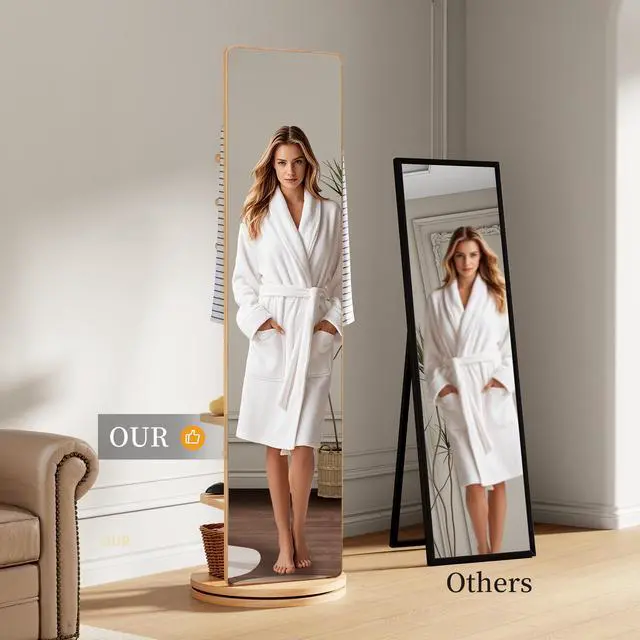 Alt view image 6 of 7 - 360° Rotating 66"x17.8" Multifunctional Full Length Mirror with Hook Storage Rack Coat Rack with Mirror Solid Wood Floor Mirror Bedroom Living Room Cloakroom Space Saving (natural wood)