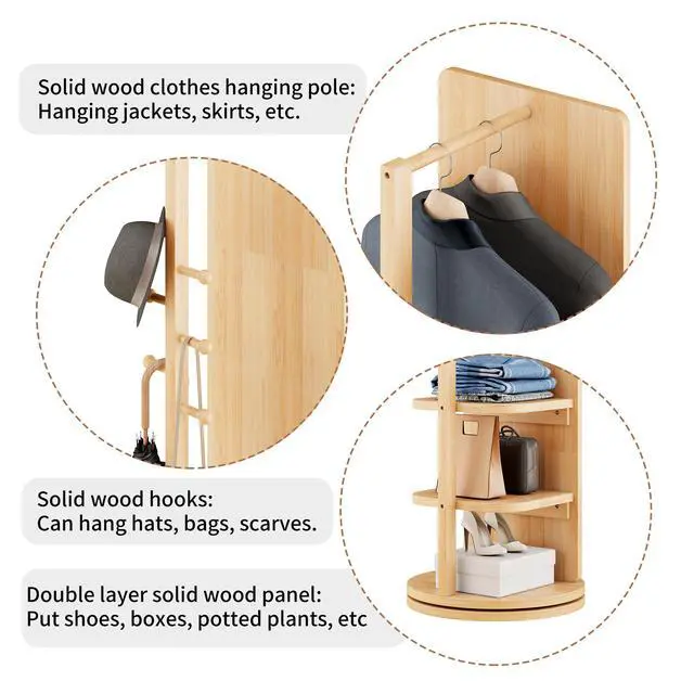 Alt view image 6 of 6 - 360° Rotating 69"x20" Multifunctional Full Length Mirror with Hook Storage Rack Coat Rack with Mirror Solid Wood Floor Mirror Bedroom Living Room Cloakroom Space Saving (natural wood)