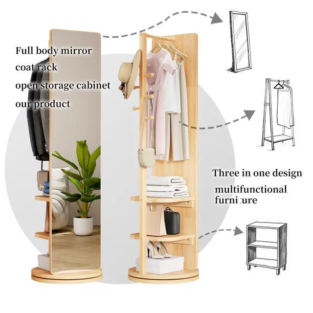 Alt view image 4 of 6 - 360° Rotating 69"x20" Multifunctional Full Length Mirror with Hook Storage Rack Coat Rack with Mirror Solid Wood Floor Mirror Bedroom Living Room Cloakroom Space Saving (natural wood)