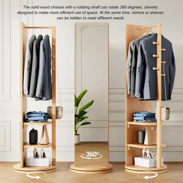 Alt view image 3 of 6 - 360° Rotating 69"x20" Multifunctional Full Length Mirror with Hook Storage Rack Coat Rack with Mirror Solid Wood Floor Mirror Bedroom Living Room Cloakroom Space Saving (natural wood)