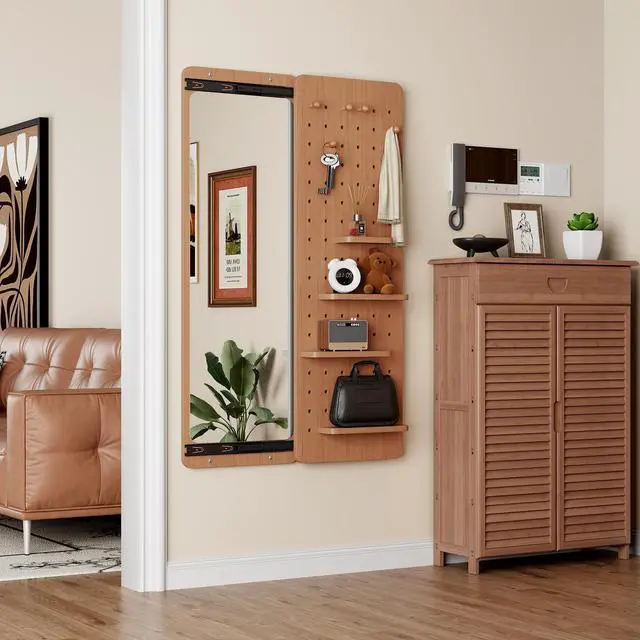 Main image of 47.6 x 15.5 inch multi-functional design panel wall-mounted full-length mirror, saves space and can be pushed and pulled. Suitable for bedroom/living room/entrance (cherry color)