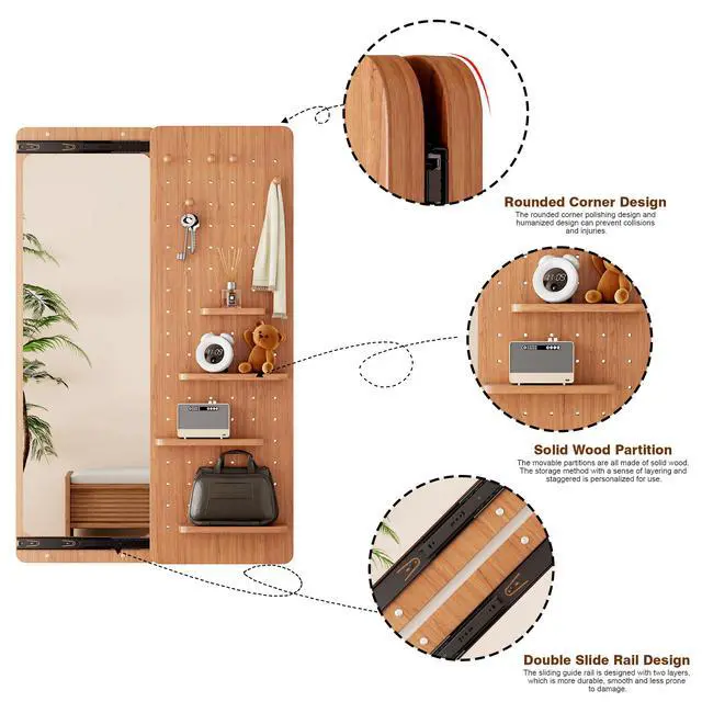 Alt view image 5 of 7 - 47.6 x 15.5 inch multi-functional design panel wall-mounted full-length mirror, saves space and can be pushed and pulled. Suitable for bedroom/living room/entrance (cherry color)
