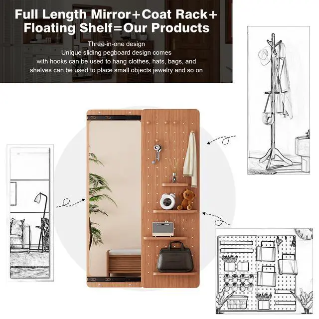Alt view image 4 of 7 - 47.6 x 15.5 inch multi-functional design panel wall-mounted full-length mirror, saves space and can be pushed and pulled. Suitable for bedroom/living room/entrance (cherry color)