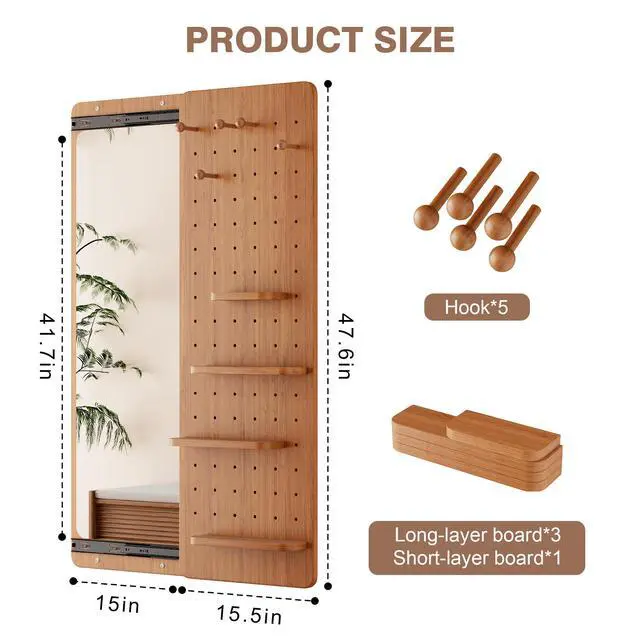 Alt view image 7 of 7 - 47.6 x 15.5 inch multi-functional design panel wall-mounted full-length mirror, saves space and can be pushed and pulled. Suitable for bedroom/living room/entrance (cherry color)