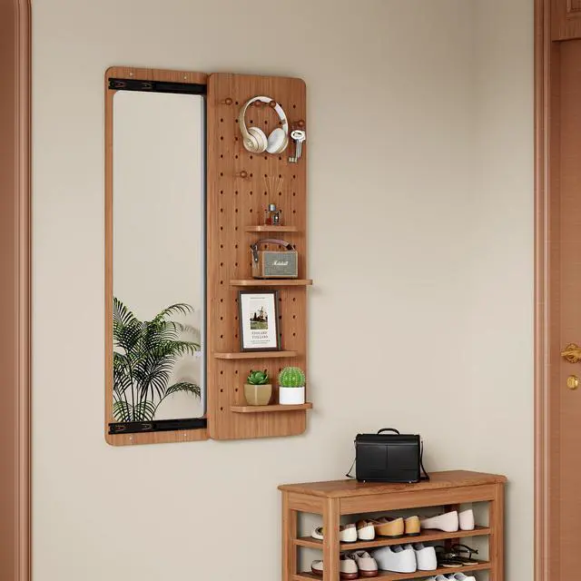 Alt view image 6 of 7 - 47.6 x 15.5 inch multi-functional design panel wall-mounted full-length mirror, saves space and can be pushed and pulled. Suitable for bedroom/living room/entrance (cherry color)