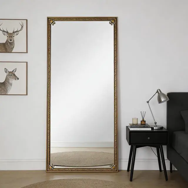Alt view image 4 of 7 - Full Length Mirror with Stand, 70.1"x31.9" Floor Standing Large Dressing Mirror Hanging or Leaning Against Wall for Bedroom Living Room, Antique Gold