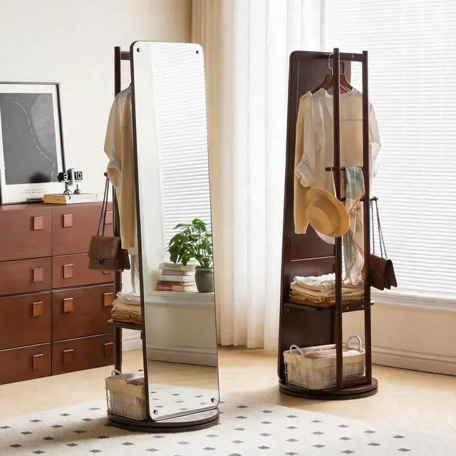 Main image of Rotating Full Length Mirror with Clothes Rack, Freestanding Solid Wood Storage Mirror for Bedroom Living Room