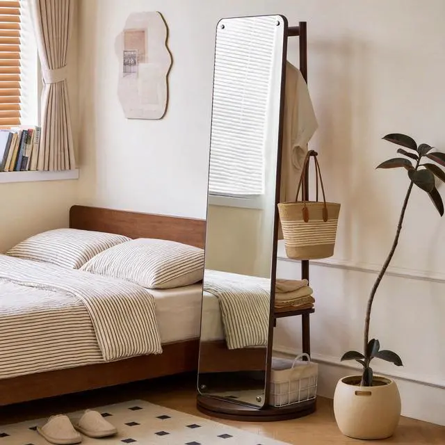 Alt view image 2 of 7 - Rotating Full Length Mirror with Clothes Rack, Freestanding Solid Wood Storage Mirror for Bedroom Living Room