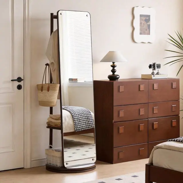 Alt view image 3 of 7 - Rotating Full Length Mirror with Clothes Rack, Freestanding Solid Wood Storage Mirror for Bedroom Living Room