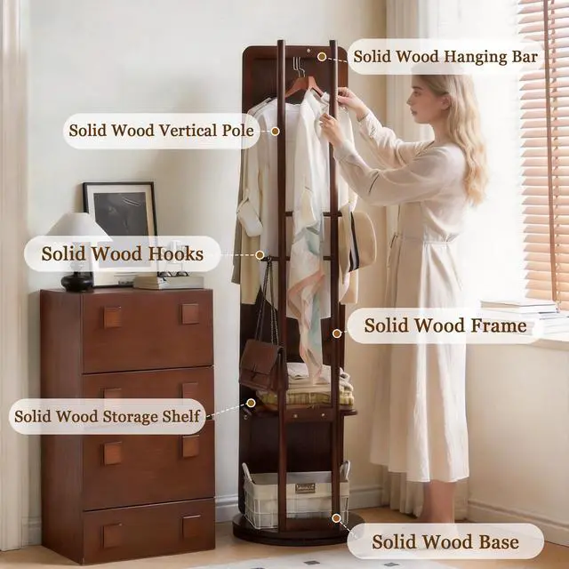 Alt view image 5 of 7 - Rotating Full Length Mirror with Clothes Rack, Freestanding Solid Wood Storage Mirror for Bedroom Living Room