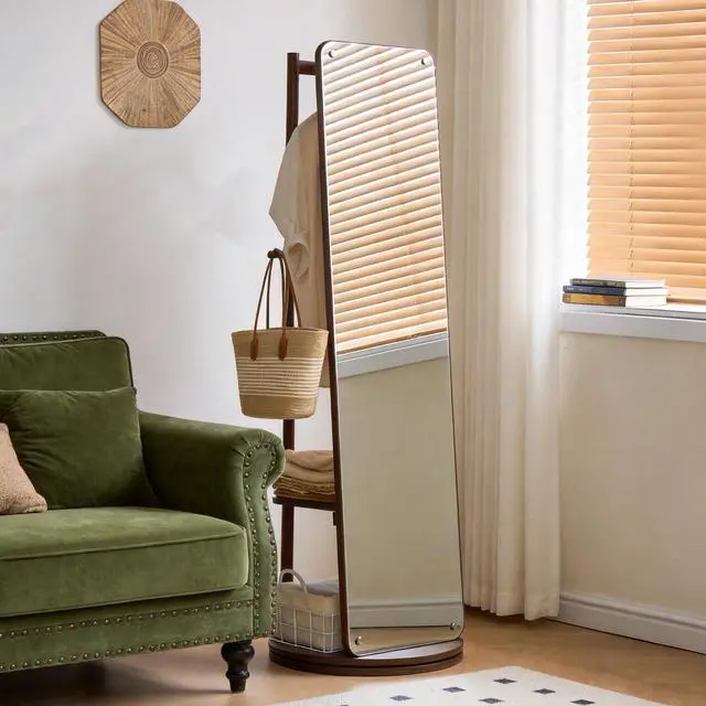 Alt view image 4 of 7 - Rotating Full Length Mirror with Clothes Rack, Freestanding Solid Wood Storage Mirror for Bedroom Living Room