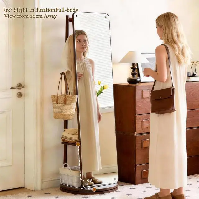 Alt view image 6 of 7 - Rotating Full Length Mirror with Clothes Rack, Freestanding Solid Wood Storage Mirror for Bedroom Living Room